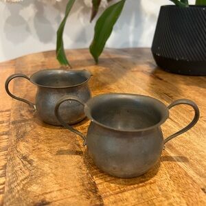 Antique English Colonial Pewter Creamer Pitcher & Sugar Bowl Serving Set